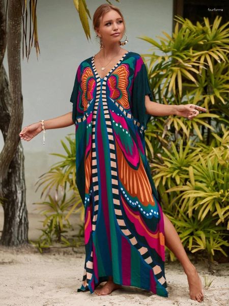 Robes décontractées Kaftan Beach Cover Ups Femmes Bohème Maxi Robe Imprimé Tie Dye Rayon Summer Holiday Maillots de bain Drop