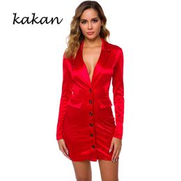 Robes décontractées Kakan Sexy Bouton Robe Femme 2021 Couleur Fluorescente Automne Rouge Phosphore Vert