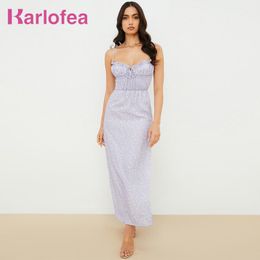 Casual jurken Karlofea Floral Print Shirred Lila Dress Elegante mouwloze Maxi Sundress Sexy Backless Women Holiday Party Club Outfits Rob