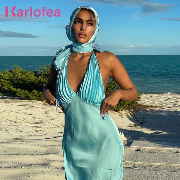 Robes décontractées karlofea sexy licou robe midi bleu pour femmes fashion en soie satin de plage de fête de vacances tenues vêtements y2k été 230223
