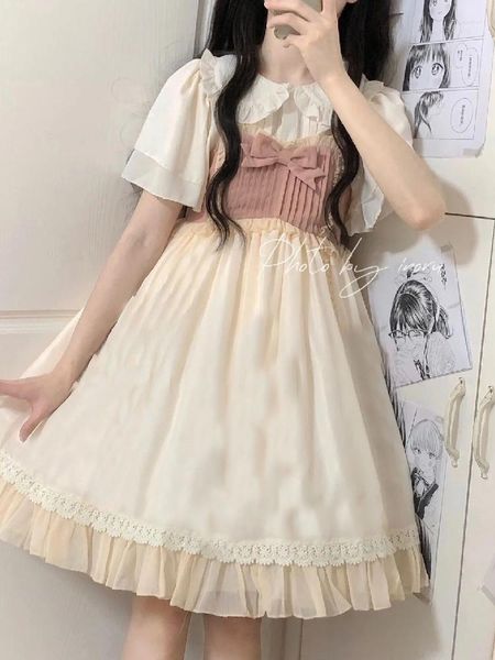 Robes décontractées Kawaii Lolita Style 2 Pcs Fée Femmes Robe Chemise D'été Col Carré À Manches Courtes Sling Lâche Patchwork Vintage Dames