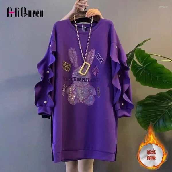 Vestidos casuales Kawaii de gran tamaño Cálido Terciopelo grueso Vestido con capucha Mujeres Dibujos animados Volantes Manga Lentejuelas Sudadera Otoño Invierno Deportes