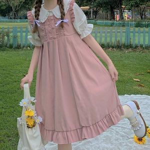 Robes décontractées Kawaii Robe d'été rose doux lolita japonais style preppy à volants court deux pièces costume mignon robes d'été femmes sans manches