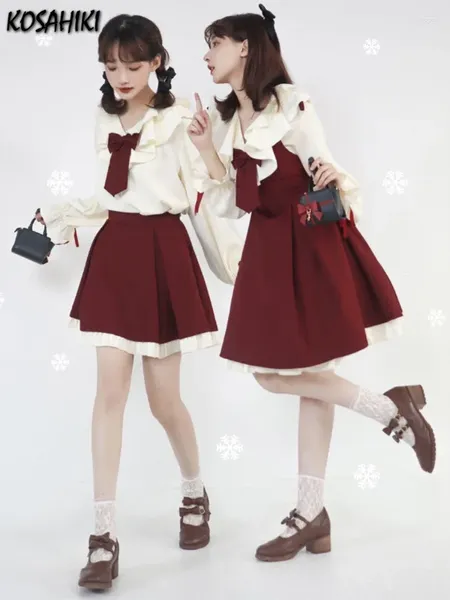 Robes décontractées Kawaii Deux pièces Ensemble Femmes Coréennes Tenues Bow Lâche Flare Manches Blouse Mini Plissée Taille Haute Jupes 2024 Costume d'automne