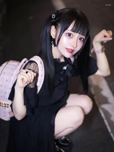 Robes décontractées kawaii femmes habillent lolita y2k mignon style japonais élégant manche courte noire sweet bureau dame esthétique mini 2024