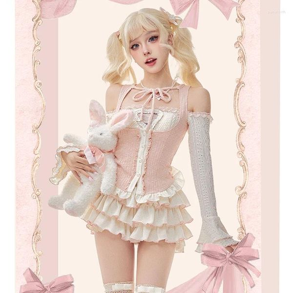 Robes décontractées kawaii y2k femmes 3 pièces sets doux sexy minces minces roses en lacet up tops mini jupes tutues élégants tenues lolita 2024