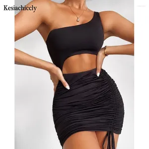 Vestidos casuales Kesiachcly Sexy Un hombro Hollow Out venda Ruchada para mujeres Bodycon Solid Mini Party Club ropa de verano