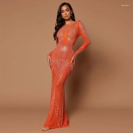 Robes décontractées KEXU strass maille pure Sexy scintillant Maxi élégant belle robe d'anniversaire femmes à manches longues dos nu moulante