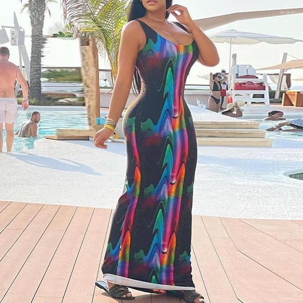 Vestidos casuales KEXU Wave Tie Dye Impreso Sin mangas O-cuello Tanque Maxi Vestido de mujer 2024 Verano Sexy Party Clubwear Long Sundress Trajes