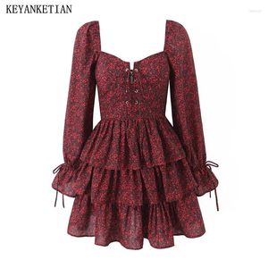 Robes décontractées Keyanket 2024 lancement de robe florale féminine mori girl style lace up Decoration Holiday Wind Floud imprimé mini