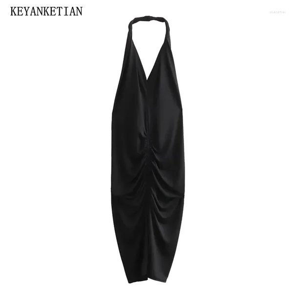 Robes décontractées Keyanket 2024 lancement de la mode en V licou arrière en V sexy Black Slim-Longle Slit Slit Slit Robe