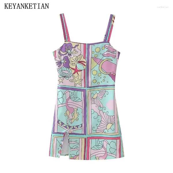 Vestidos casuales Keyanketian 2024 Lanzamiento Vestido de halter de impresión barroca de mujer Verano Vintage Cremallera lateral Slash Cuello Slim Split Mini