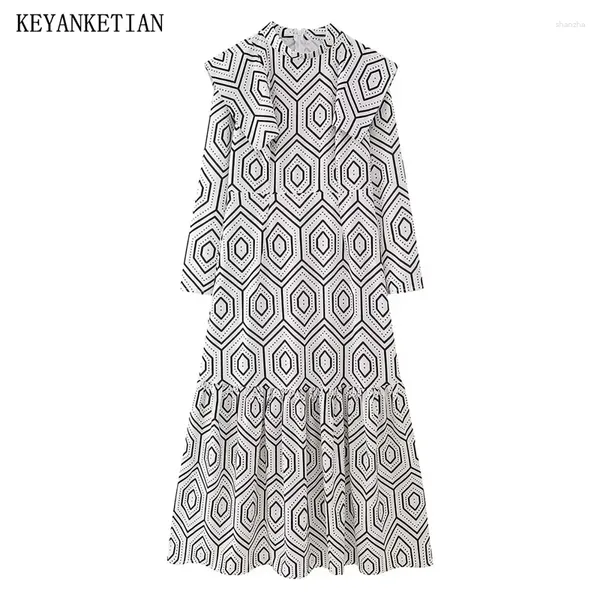 Vestidos informales Keyanketian 2024 Lanzamiento Charreteras con estampado geométrico para mujer Embellecer Vintage Manga larga Slim Tobillo Longitud MIDI Drss