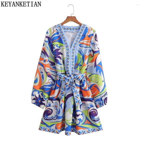 Robes décontractées Keyanketian ethnique bleu Totem imprimé robe femme printemps et automne col en V manches lanterne taille haute mini jupe mince