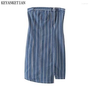 Casual jurken keyanketiaanse zomer asymmetrische split ontwerp wrap borst gestreepte denim jurk schuine nek dames slanke mouwloze mini