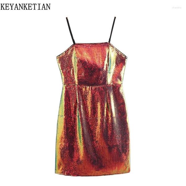 Robes décontractées Keyanketian été personnalisé laser paillettes gaine femme fête fronde robe mode sexy hanche enveloppement brillant mini