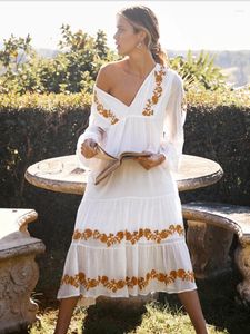 Robes décontractées khalee yose boho broderie florale robe coton blanc long lseeve vocation hippie vintage sexy chic plage dames