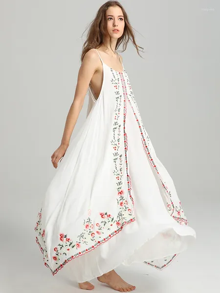 Robes décontractées khalee yose boho broderie florale maxi robe coton blanc sans manches vocation hippie vintage chic plage dames