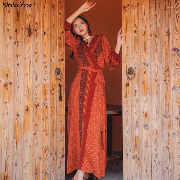 Robes décontractées Khalee Yose Floral imprimé Wrap Maxi robe en mousseline de soie automne Chic rouge Vintage femmes à manches longues col en v fendu dames