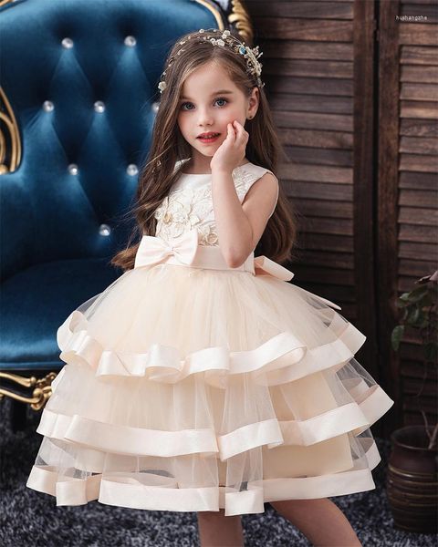 Robes décontractées Enfants Élégant Perle Gâteau Princesse Robe Filles Pour Mariage Soirée Broderie Fleur Fille Vêtements