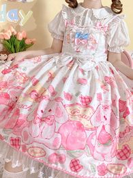 Casual jurken kimokmm kawaii zoete meid lolita stijl vierkante kraag jsk ruches jurk boog mouwloze cartoon printen kan kant mini camisole