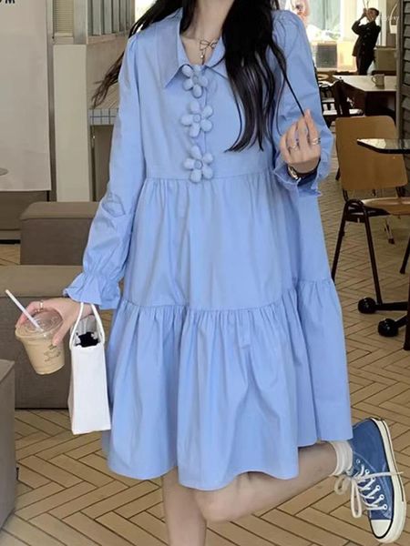 Vestidos casuales KIMOKOKM Retro Moda Preppy Estilo Ruffles Fold Vestido Sweety Flor tridimensional Kawaii Manga completa Lindo suelto