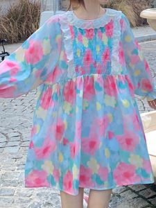 Robes décontractées Kimokokm printemps automne doux dentelle pli Kawaii a-ligne robe de poupée pour les robes féminines mode manches évasées fleur mini