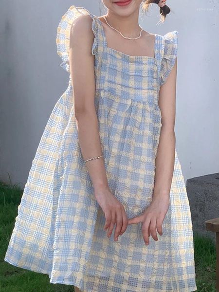 Vestidos casuales KIMOKOKM Verano Preppy Estilo Kawaii Loli A-Line Vestido Cuello cuadrado Dulce Suave Chica Sin mangas Lindo Plaid Mini Camisole