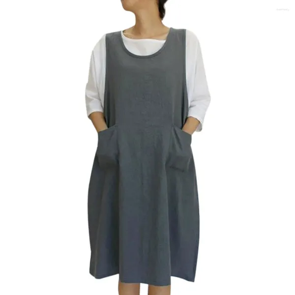 Vestidos casuales Delantal de cocina Mujeres Túnica de algodón Vestido sin mangas Hasta la rodilla con bolsillos Estilo japonés Pinafore 2024