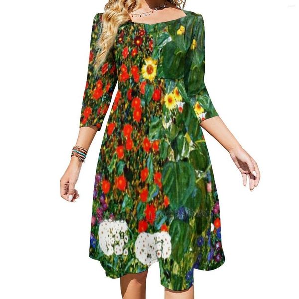 Robes décontractées Klimt-Farm Garden avec des tournesols Douce Robe élégante Femmes Corée Kawaii Square Collier Ferme d'art