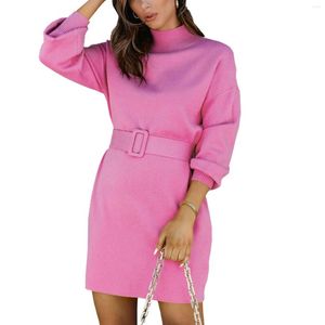 Casual Jurken Gebreide Coltrui Jurk Dames Lange Mouw Winter Gebreid Met Riem Elegante Dames Roze Mini Kerstfeest