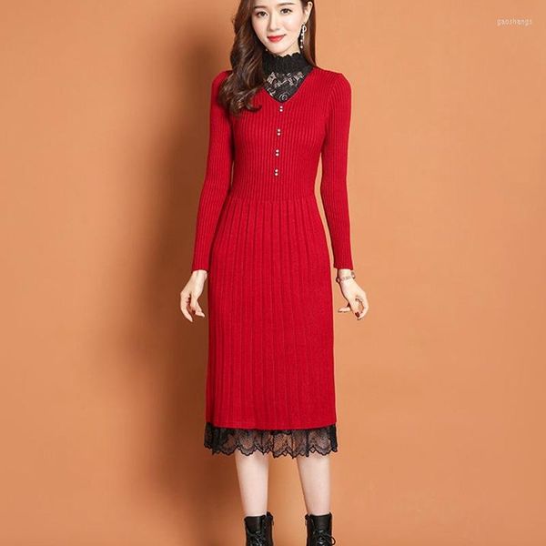 Vestidos casuales vestido de punto otoño encaje slimtemperamento con abrigo suéter de fondo falda en invierno mujer suéteres rojo coreano