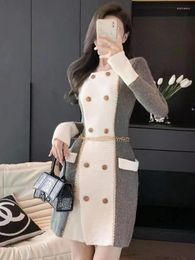 Casual jurken gebreide jurk voor dames 2024 herfst winter Koreaanse mode lange mouwen dubbele rij knopen gebreide trui