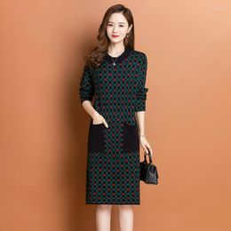 Vestidos casuales vestido de punto para mujer 2023 Otoño Invierno elegante Vintage Jacquard manga larga suelta hasta la rodilla cálido suéter grueso