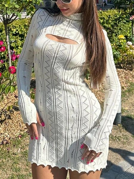 Robes décontractées tricotées mini femmes élégant sexy creux de robe blanche femelle femelle bodycon colon tortleck club club vestidos