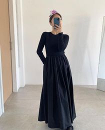 Casual jurken gebreide patchwork een ling maxi jurk o-neck vintage elegant zwart Koreaans chic vestido de mujer herfst 2022 winter sukienka