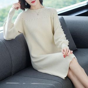 Casual jurken gebreide trui jurk vrouwen 2022 herfst winter warme luxe elegant parelpatroon midi breien vrouwelijke pullover plus maat