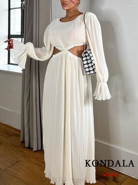 Robes décontractées KONDALA mode 2023 blanc en mousseline de soie volants longue robe femmes O cou côté trou manches Vintage fête élégant Vestidos