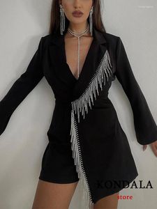 Robes décontractées KONDALA Sexy Noir Bijoux Glands Mini Robe De Soirée Femmes À Manches Longues Col En V Côté Split Mode 2024 Printemps Robe