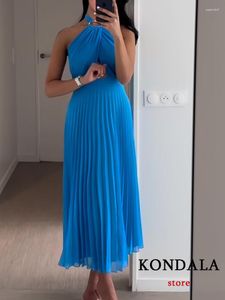 Robes décontractées KONDALA Sexy Chic Bleu Femmes Robe Solide Creux Out Dos Nu Pli Halter Longue Fête Mode 2023 Robes d'été