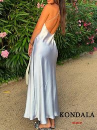 Robes décontractées KONDALA Sexy Argent Satin Robe de soirée dos nu Femmes Sans manches Cami Longue Soyeuse Mode 2024 Été Élégant Mujer Robes