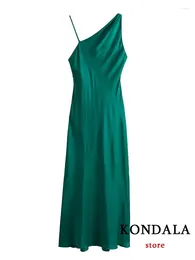 Robes décontractées Kondala Vintage Chic Femmes Habiller Green Solide Solide Asymétrique sans manches Straight Vestidos Fashion 2024 automne