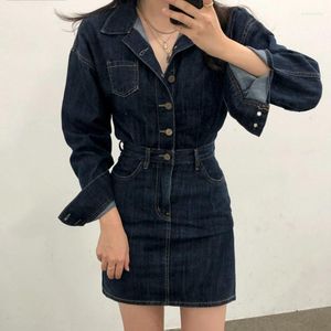 Robes décontractées Corée Chic Printemps Automne Robe De Mode Femme Revers Simple Poitrine Slim Jeans Hanche Vestidos Sexy Highstreet Femmes Tenues