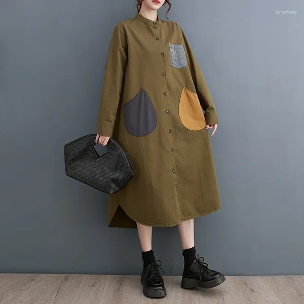 Vestidos casuales Corea estilo japonés Stand Collar Patchwork Bolsillos Chic Girl Loose Otoño Trench Vestido Street Moda Mujer Primavera