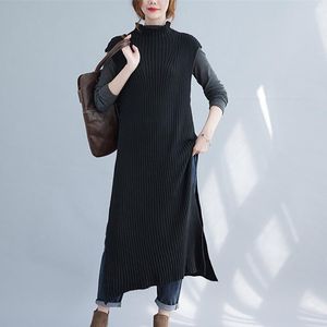 Robes décontractées Style coréen ouvert fendu noir pull tricoté robe sans manches bureau dame vêtements d'extérieur travail mince femmes Midi automne