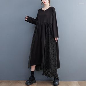 Robes décontractées Style coréen Patchwork maille dentelle noir foncé Streetwear mode automne robe bureau dame travail femmes printemps Midi