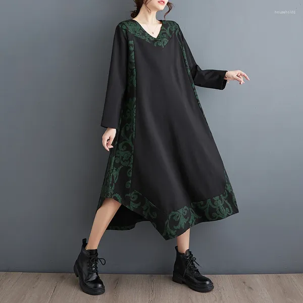 Vestidos casuales estilo coreano con cuello en v estampado floral patchwork chic niña irregular otoño vestido negro calle moda mujer primavera midi