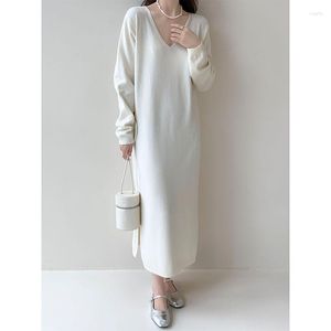Robes décontractées coréenne 2023 automne et hiver Robe à manches longues col en V ample polyvalent tricoté mode Robe Longue Femme Vestidos