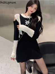 Robes décontractées coréen chic mini pour femmes contraste couleur arc robe femme moulante robe tricotée tunique sexy hors épaule