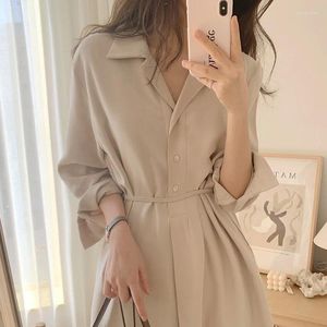 Robes décontractées coréen Chic printemps automne femme robe à manches longues robe solide simple boutonnage minimalisme élégant